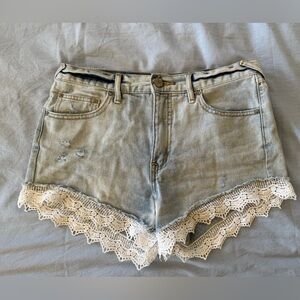Free People Light Blue Jean Shorts with Lace Trim